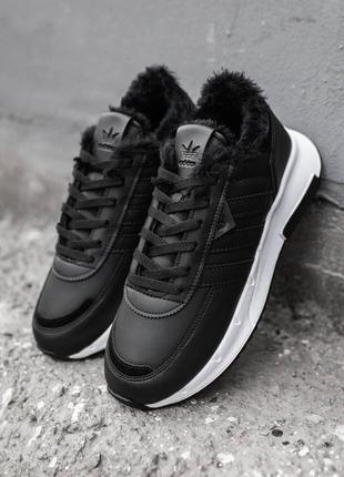 Зимние чёрные кроссовки adidas с мехом чорні зимові кросівки adidas з хутром