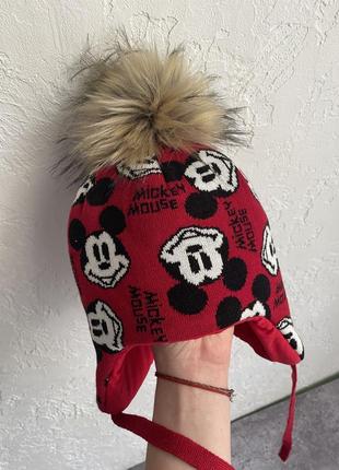 Шапка червона з міккі маусом для хлопчика для дівчинки шапка зимова з помпоном тепла