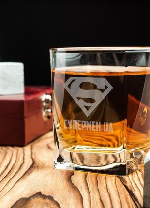 Стакан для виски "супермен ua", українська, дерев'яна подарункова коробка з гравіюванням r_5502 фото