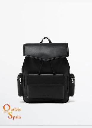 Massimo dutti черный кожаный рюкзак с клапаном и карманами