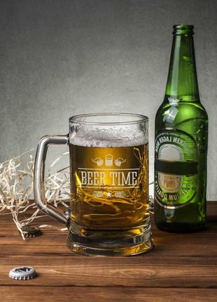 Кухоль для пива "beer time" з ручкою, англійська, крафтова коробка r_420