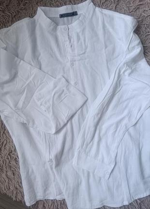 Біла лляна сорочка комір стійка рубашка