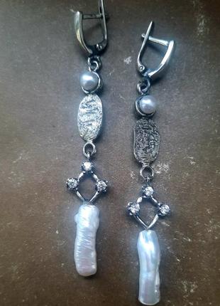 Дизайнерські неймовірно гарні витонченні сережки   срібло 925  сравжні перли та фіаніти ексклюзив1 фото