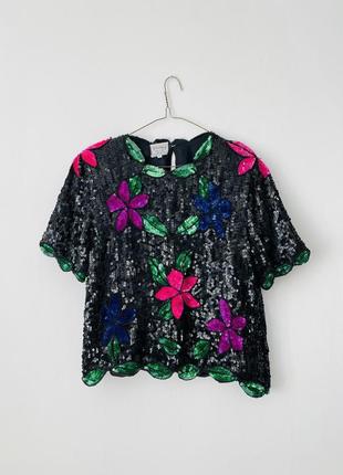 Чорний топ шовкова блуза футболка з паєтками stenay