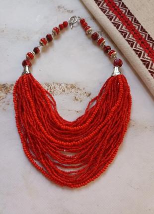 Красное ожерелье объемное коралл бисер украинское этно2 фото