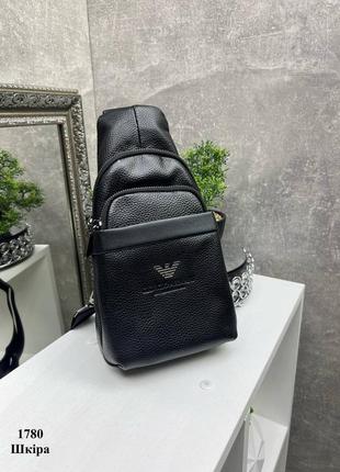Черная практичная стильная сумочка слинг натуральная кожа3 фото