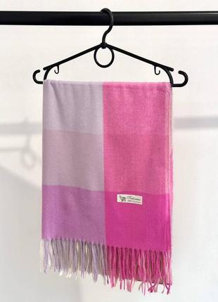 Кашемировый палантин шарф в клетку с бахромой pashmina розово-сиреневый2 фото