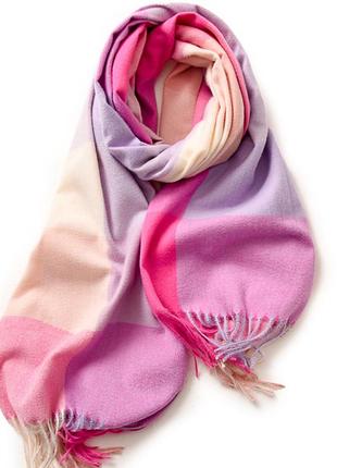 Кашемировый палантин шарф в клетку с бахромой pashmina розово-сиреневый5 фото