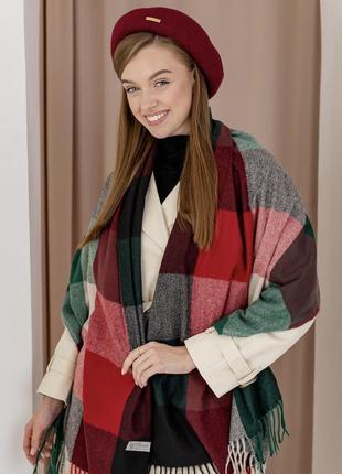 Кашеміровий палантин шарф у клітину із бахромою pashmina бордово-зелений