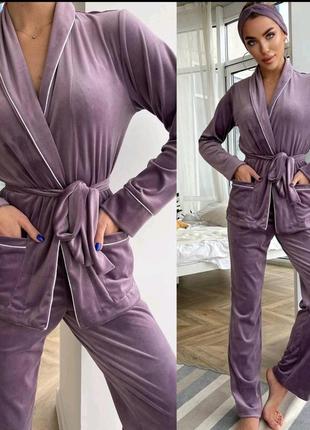 Велюровый костюм домашний костюм для дома плюшевая пижама на запах плюшевый костюм на запах повязка халат штаны4 фото