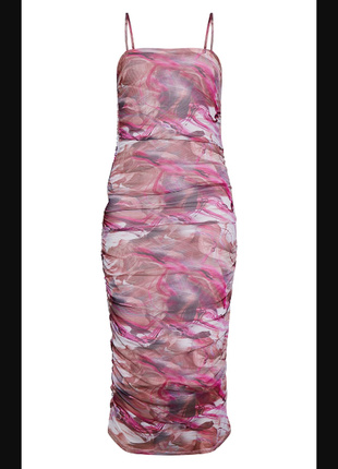Розовое платье midaxi с абстрактным принтом сетка на бретелях и рюшами3 фото
