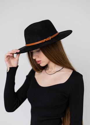 Шляпа федора унисекс с широкими полями 8 см замшевая suede черная