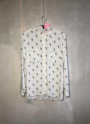 Рубашка h&amp;m рубашка блузка женская белая легкая прозрачная с птицами бренд, натуральная принт птицы света