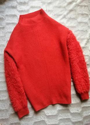 Оранжевый свитер вязаный кофта джемпер водолазка с горловиной пушистыми рукавами1 фото