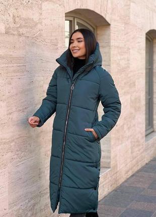 Жіноча довга куртка зимова модна та тепла з капюшоном плащівка зелена розмір s, m, l, xl