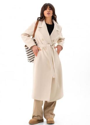 Пальто женское кашемировое демисезонное оверсайз весеннее осеннее шерстяное двубортное молочное3 фото