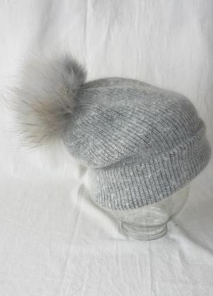 Теплая зимняя шапка с натуральным помпоном 30% ангора 65% шерсть 5% эластан3 фото