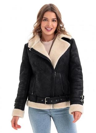 Дублянка жіноча коротка екоовчина, куртка — косуха, авіатор, дизайнерська, бренд, чорна — біла
