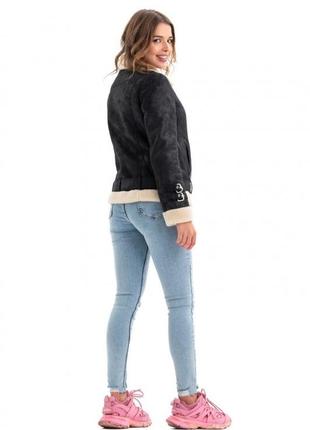 Дубленка женская короткая эко овчина, куртка - косуха, авиатор, дизайнерская, бренд, черная - белая7 фото