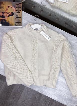 Бежевий светр з рваним декором one size; бежевый оригинальный свитер s m l xl; кофтинка з рваностями с м л хл, обʼємний светр