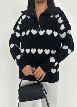 Вязаный теплый свитер оверсайз с высоким воротником на молнии
