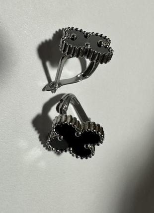 Розпродаж чорні в сріблі сережки з англ застібкою ван кліф конюшина клевер4 фото