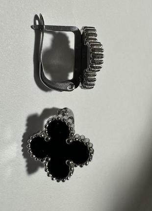Розпродаж чорні в сріблі сережки з англ застібкою ван кліф конюшина клевер2 фото