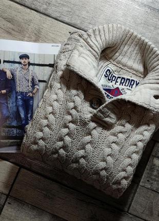 Мужской брендовые хлопковый плотный уязяный джемпер  superdry в бежевом цвете размер м