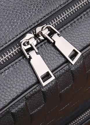 Кожаный городской мужской рюкзак с тиснением в клетку черный большой ранец из натуральной кожи качественный8 фото