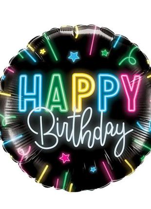 Фольгированный шарик, круг, "happy birthday," черный, с неоновой надписью
