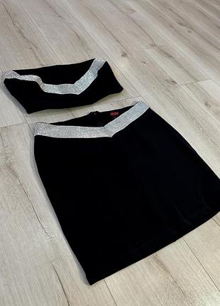Чорний костюм/топ/міні-спідниця/з діамантовою обробкою