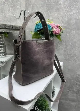 Капучино — натуральний замш — три відділення — сумка lady bags з двома знімними ременями3 фото