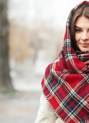 Стильний великий теплий модний шарф в клітку/актуальне пухнастий картатий шарф з бахромою/унісекс