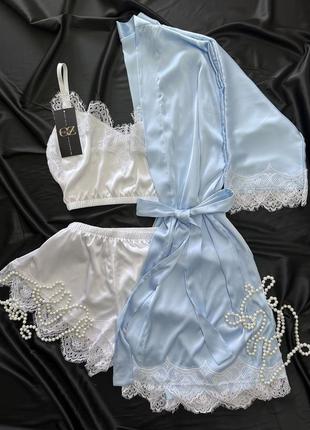 Шелковый домашний комплект шортики+майка+халат шелк с кружевом тройка голубой 42/44