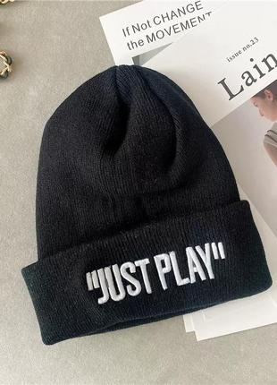Тепла шапка із вишивкою "просто грай". зимово-осіння шапка у вуличному стилі для чоловіків та жінок8 фото