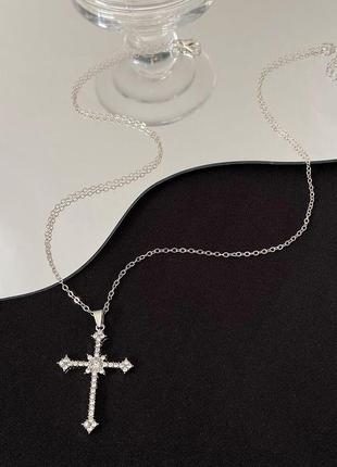Подвеска фигурный крест 35 мм, кулон большой крест с фианитами, серебряное покрытие 925 пробы, длина 42+5 см2 фото
