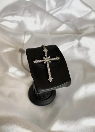 Подвеска фигурный крест 35 мм, кулон большой крест с фианитами, серебряное покрытие 925 пробы, длина 42+5 см4 фото
