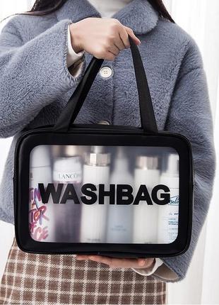 Жіноча косметичка washbag органайзер з двома ручками велика чорна5 фото