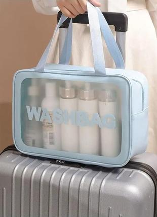 Женская косметичка washbag органайзер с двумя ручками большая голубая5 фото