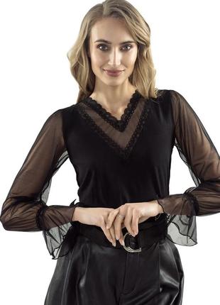 Жіноча нарядна блузка чорного кольору з рукавами із сітки. модель sarika eldar
