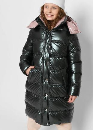 Пуховая куртка для девочек темно-зеленого цвета 34 размер на 128-134см (8 лет) гипоаллергенный екопух