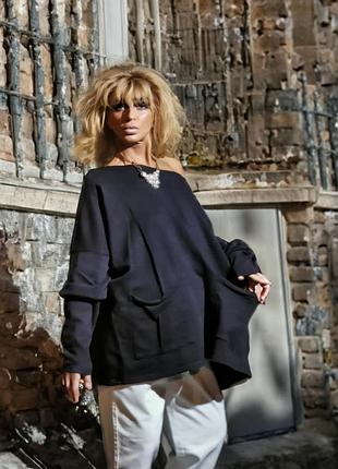 Свитшот с накладными карманами коттон хлопок двунитка оверсайз батал большого размера capsule leisure джемпер блуза трикотажный