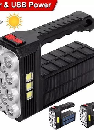 Светодиодный ручной аккумуляторный фонарь cob с power bank и солнечной панелью от usb