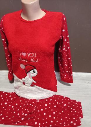 Пижама утепленная подросток для девочки турция  новый год 5-10 лет махра травка флис красная манжет