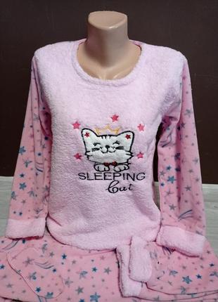Пижама утепленная подросток для девочки турция  кот манжет 7-12 лет махра травка розовая