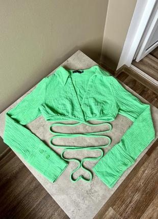 Кроп топ салатовый на завязках prettylittlething зеленая укороченная рубашка 💚  s/xs2 фото