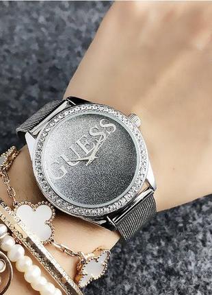 Жіночий наручний годинник із камінчиками люкс якість на металевому ремінці срібло з чорним
