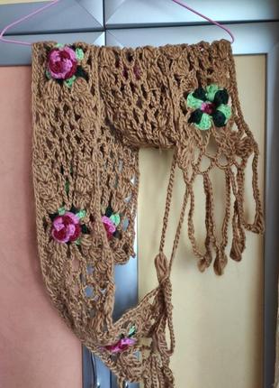 Шарф hand made довгий оригінальний з об'ємними трояндами акріл