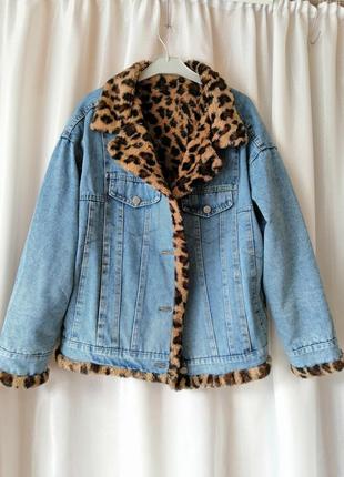✅ джинсова куртка шубка оверсайз накидка хутро плюш двостороння принт лео леопард розмір універсальн6 фото