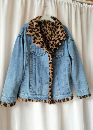 ✅ джинсова куртка шубка оверсайз накидка хутро плюш двостороння принт лео леопард розмір універсальн8 фото
